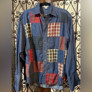 Vintage Patchwork Plaid Denim Button-Down Shirt - French Cuffs